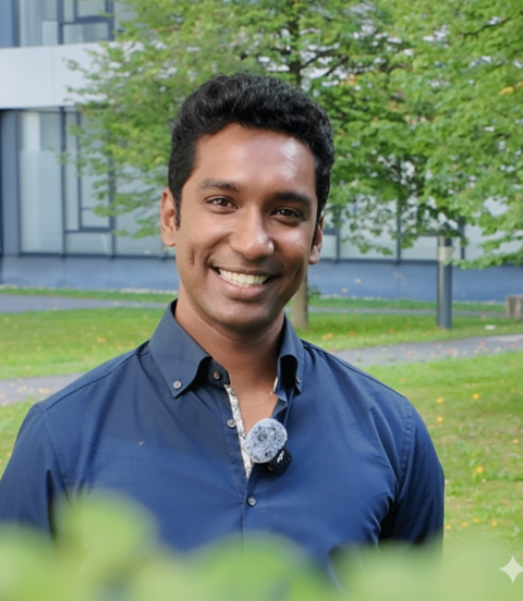 Mann in dunkelblauem Hemd steht lächelnd im Grünen, vor Bäumen und einem modernen Gebäude.