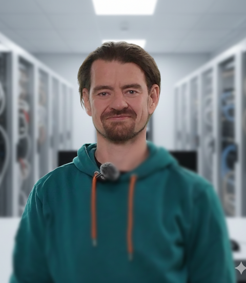 Mann in türkisgrünem Hoodie steht in einem Serverraum und lächelt in die Kamera.