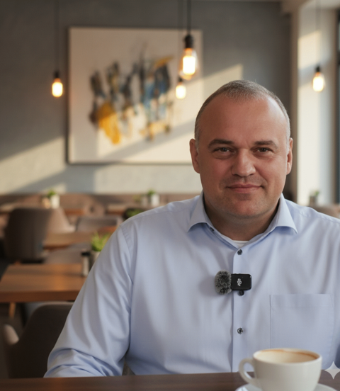 Mann in hellblauem Hemd sitzt in einem modern Meetingbereich und lächelt in die Kamera.
