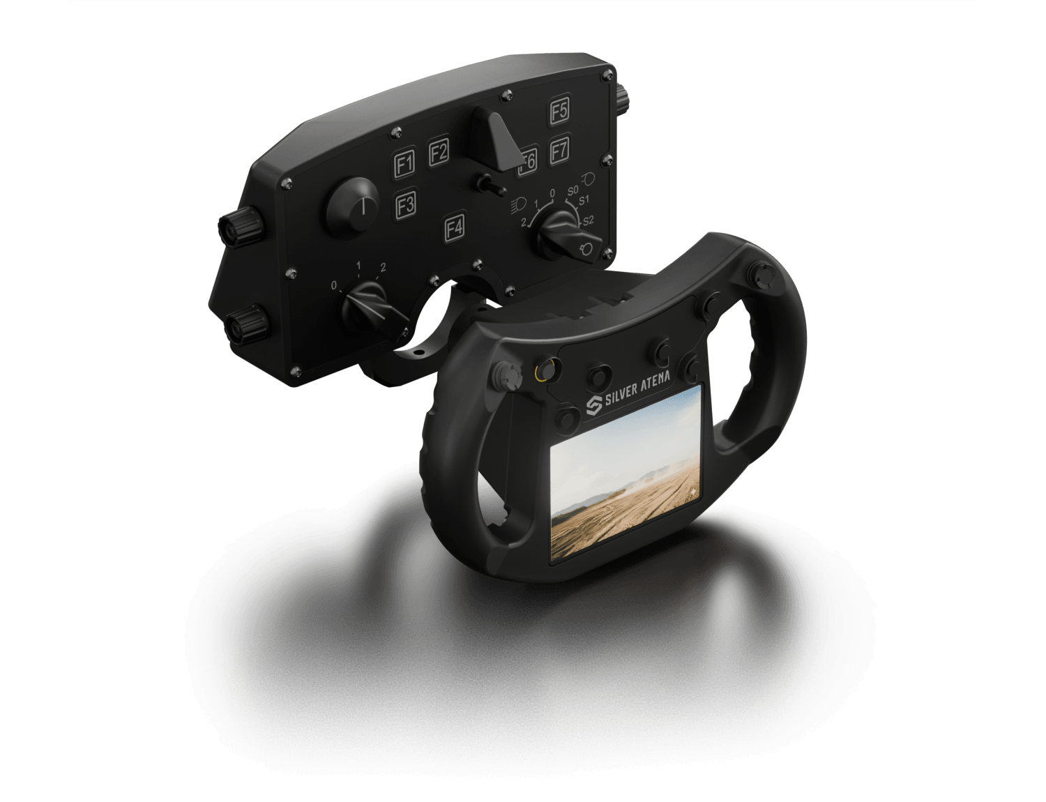 Robuste militärische ZBE-Steuereinheit mit Lenkgriff und 4,3-Zoll-Display für gepanzerte Fahrzeuge.