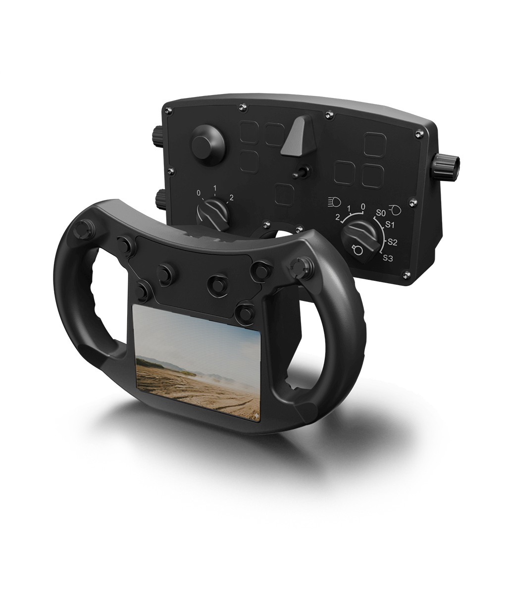 Robuste militärische ZBE-Steuereinheit mit Lenkgriff und 4,3-Zoll-Display für gepanzerte Fahrzeuge.